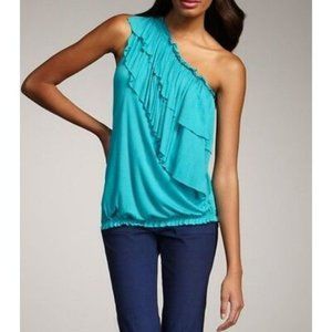 ROBERT RODRIGUEZ Turquoise RUFFLED One Shoulder TOP Shirt M Made in USA $195